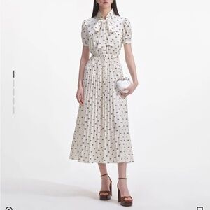 Self-Portrait Cream Satin Bow Print Midi Dress